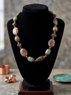 Antique look chunky bronze & stone beaded choker necklace NWT
